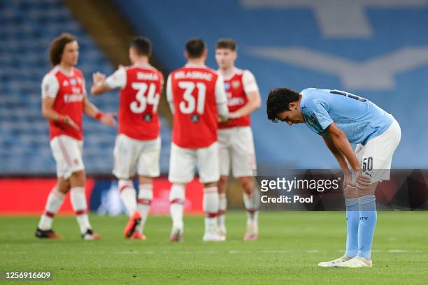 Eric Garcia of Manchester City reacts following the FA Cup Semi Final match between Arsenal and Manchester City at Wembley Stadium on July 18, 2020...
