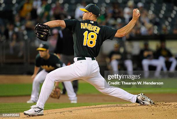 Rich Harden of the Oakland Athletics pitches against the Texas Rangers during an MLB baseball game at O.co Coliseum on September 20, 2011 in Oakland,...