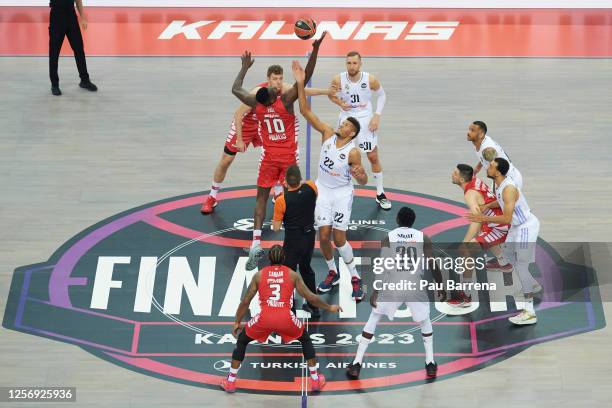 Moustapha Fall, #10 of Olympiacos Piraeus and Walter Tavares, #22 of Real Madrid go up for the opening tip off during Turkish Airlines EuroLeague...