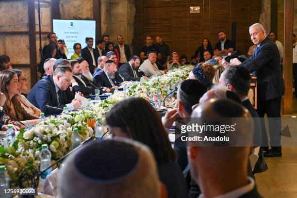Israel's Prime Minister Benjamin Netanyahu speaks at the weekly cabinet meeting, inside the Western Wall [Al-Buraq Wall] tunnels of Al-Aqsa Mosque...