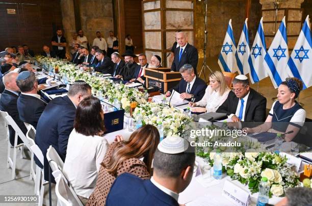 Israel's Prime Minister Benjamin Netanyahu speaks at the weekly cabinet meeting, inside the Western Wall [Al-Buraq Wall] tunnels of Al-Aqsa Mosque...