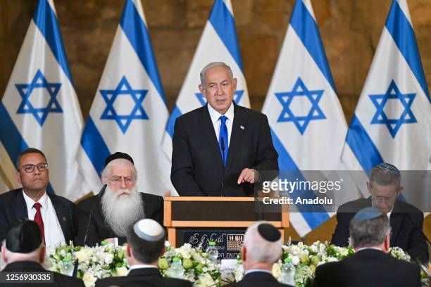 Israel's Prime Minister Benjamin Netanyahu speaks at the weekly cabinet meeting, inside the Western Wall [Al-Buraq Wall] tunnels of Al-Aqsa Mosque...