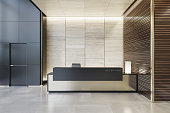 Reception desk luxurious open space interior with marble tiles with copy space