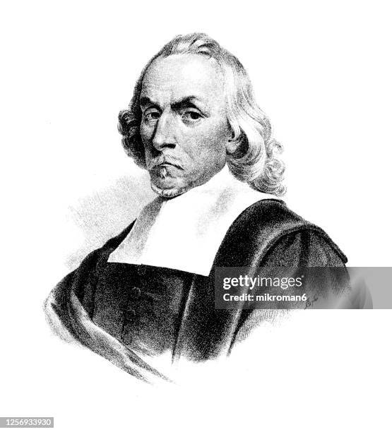 portrait of sir william harvey (1578 – 1657) was an english physician who made seminal contributions in anatomy and physiology. - william harvey stock pictures, royalty-free photos & images