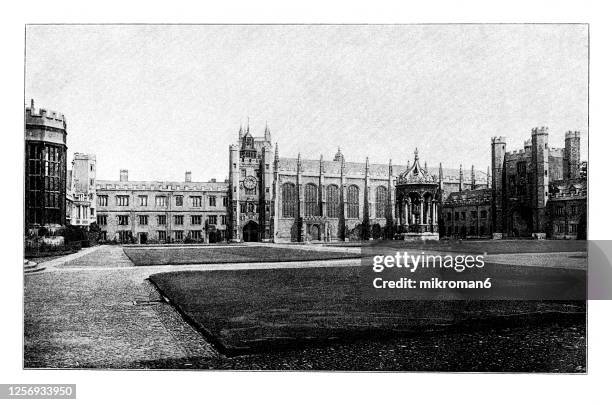 old engraved illustration of trinity college cambridge, england - trinity college cambridge stock pictures, royalty-free photos & images