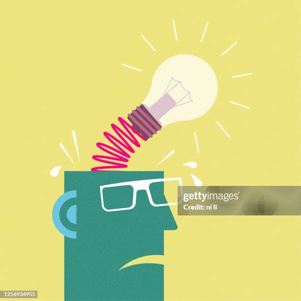 brainstorming concept design, light bulb pops out of the brain, uncomfortable expression. - changing lightbulb stock illustrations