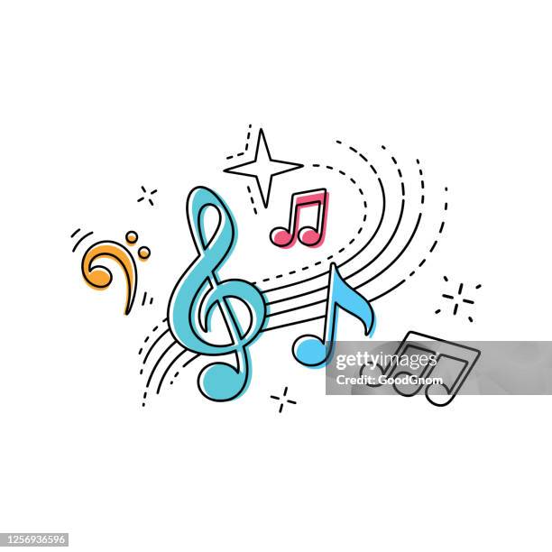 ilustraciones, imágenes clip art, dibujos animados e iconos de stock de triple clave musical notas diseño de la camiseta - notas musicales