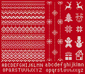 Knitted font and elements. Vector illustration. Christmas seamless texture. Knitted sweater print.