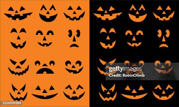 black and orange pumpkin faces - jack o lantern face stock illustrations