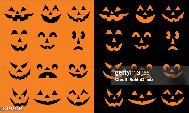 black and orange pumpkin faces - anthropomorphic stock illustrations