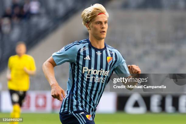 Djurgarden's Lucas Bergvall during an Allsvenskan match between Djurgardens IF and Mjallby AIF at Tele2 Arena on May 21, 2023 in Stockholm, Sweden.
