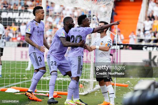 Vinicius Junior left winger of Real Madrid and Brazil accuses a fan of making racist insults during the LaLiga Santander match between Valencia CF...