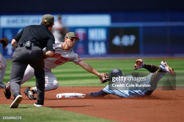 George Springer of the Toronto Blue Jays steals second base from Adam Frazier of the Baltimore Orioles in the first inning of their MLB game at...