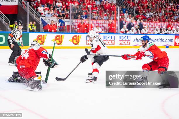 Nico Hischier of Switzerland try to scores against goalkeeper Marek Langhamer of Czech Republic during the 2023 IIHF Ice Hockey World Championship...