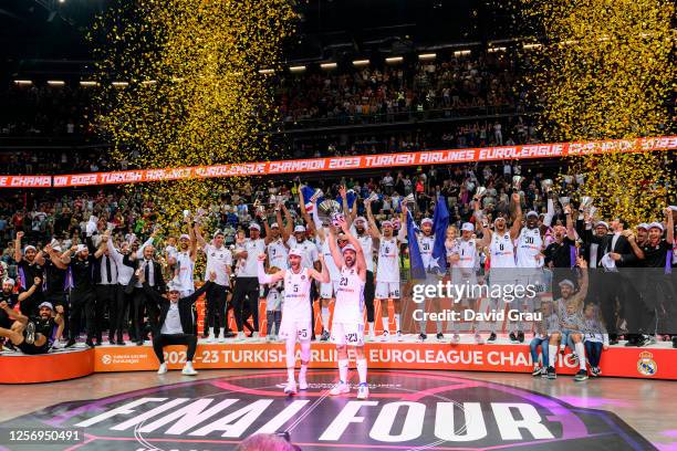 Players of Real Madrid with the Trophy Champion after Turkish Airlines EuroLeague Final Four Kaunas 2023 Championship game Olympiacos Piraeus v Real...