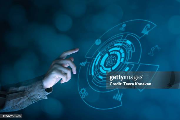 businessmen point to holograms used to control ai (artificial intelligence) operations in modern industrial plants - touch screen stock pictures, royalty-free photos & images