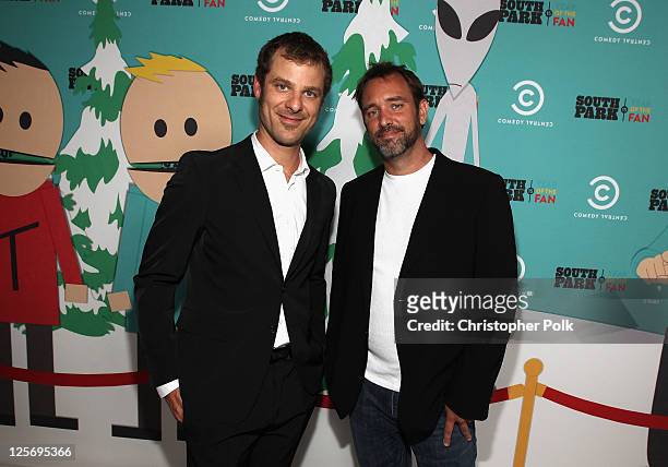 South Park writers/creators Matt Stone and Trey Parker arrive at "South Park's" 15th Anniversary Party at The Barker Hanger on September 20, 2011 in...