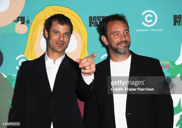South Park writers/creators Matt Stone and Trey Parker arrive at "South Park's" 15th Anniversary Party at The Barker Hanger on September 20, 2011 in...