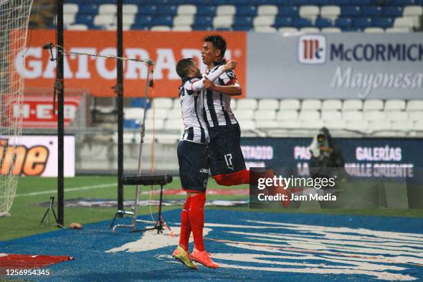 Jesus Gallardo of Monterrey celebrates with Rogelio Funes Mori during the friendly match between Monterrey and Santos Lagunas at BBVA Stadium on July...