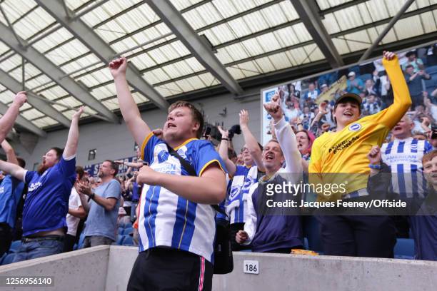 Brighton fans celebrate victory during the Premier League match between Brighton & Hove Albion and Southampton FC at American Express Community...
