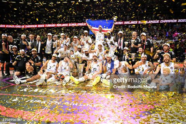 Real Madrid new Champion celabrates at the end of Turkish Airlines EuroLeague Final Four Kaunas 2023 Championship game Olympiacos Piraeus v Real...