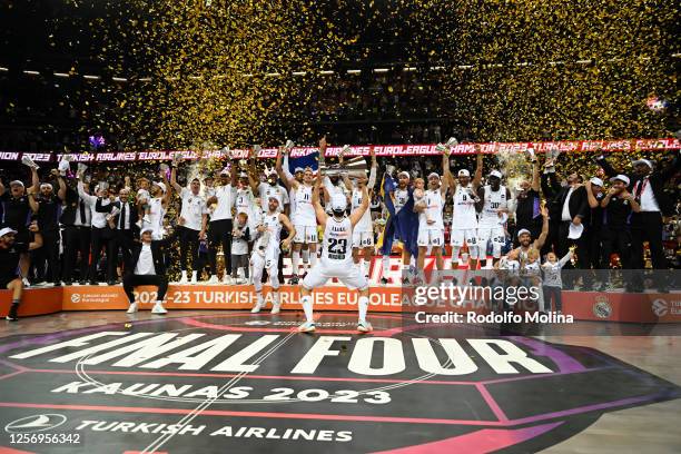 Real Madrid new Champion celabrates at the end of Turkish Airlines EuroLeague Final Four Kaunas 2023 Championship game Olympiacos Piraeus v Real...