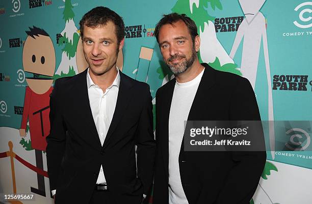 South Park writers/creators Matt Stone and Trey Parker arrive at "South Park" 15th Anniversary Celebration at The Barker Hanger on September 20, 2011...