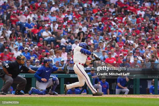 Bryson Stott of the Philadelphia Phillies hits a two run home run in the bottom of the seventh inning against the Chicago Cubs at Citizens Bank Park...