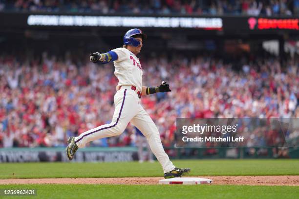 Bryson Stott of the Philadelphia Phillies reacts after hitting a two run home run in the bottom of the seventh inning against the Chicago Cubs at...