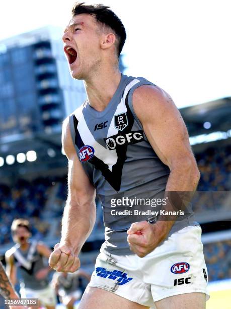 Robbie Gray of Port Adelaide celebrates kicking the match winning goal during the round 7 AFL match between the Carlton Blues and the Port Adelaide...