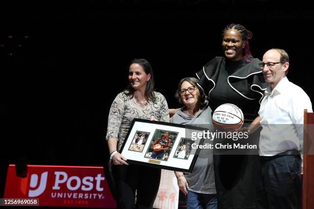 Legend Taj McWilliams-Franklin of the Connecticut Sun attends their jersey retirement ceremony on May 21, 2023 at the Mohegan Sun Arena in...