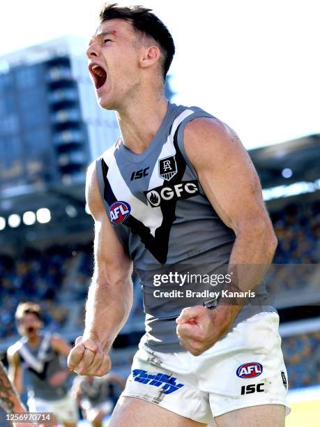 Robbie Gray of Port Adelaide celebrates kicking the match winning goal during the round 7 AFL match between the Carlton Blues and the Port Adelaide...