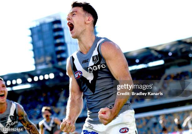 Robbie Gray of Port Adelaide celebrates kicking the match winning goal during the round 7 AFL match between the Carlton Blues and the Port Adelaide...