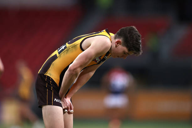Will Day of the Hawks looks dejected after the round 7 AFL match between the Hawthorn Hawks and the Melbourne Demons at GIANTS Stadium on July 19,...