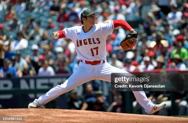 Starting pitcher Shohei Ohtani of the Los Angeles Angels throws against the Minnesota Twins during the first inning at Angel Stadium of Anaheim on...