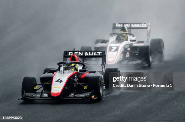 Max Fewtrell of Great Britain and Hitech Grand Prix leads Theo Pourchaire of France and ART Grand Prix during race two of the Formula 3 Championship...