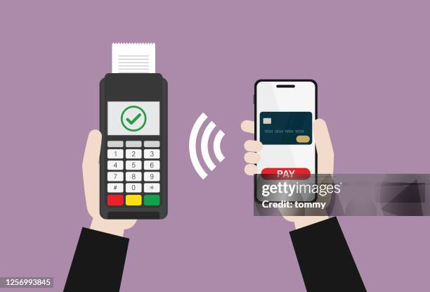 businessman uses a virtual credit card on mobile phone for contactless payment - portability stock illustrations