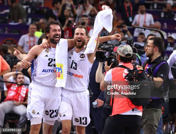 Sergio Llull, #23 of Real Madrid and Sergio Rodriguez, #13 of Real Madrid celebrate after the 2022/2023 Turkish Airlines EuroLeague final basketball...