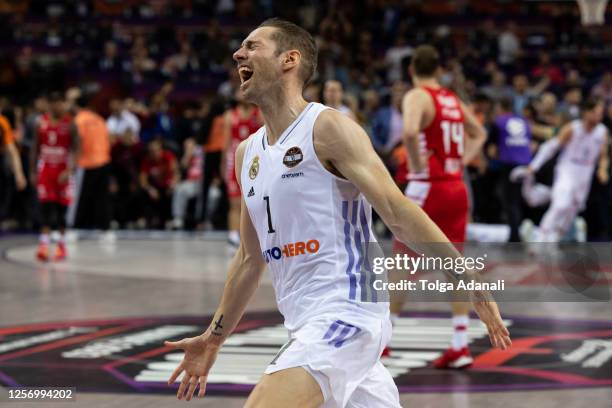 Fabien Causeur, #1 of Real Madrid celebrate championship during Turkish Airlines EuroLeague Final Four Kaunas 2023 Championship game Olympiacos...