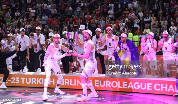 Players of Real Madrid with the EuroLeague Trophy during the trophy ceremony of the 2022/2023 Turkish Airlines EuroLeague Final Four at Zalgirio...