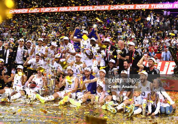 Real Madrid during the trophy ceremony of the 2022/2023 Turkish Airlines EuroLeague Final Four at Zalgirio Arena in Kaunas, Lithuania on May 21, 2023.