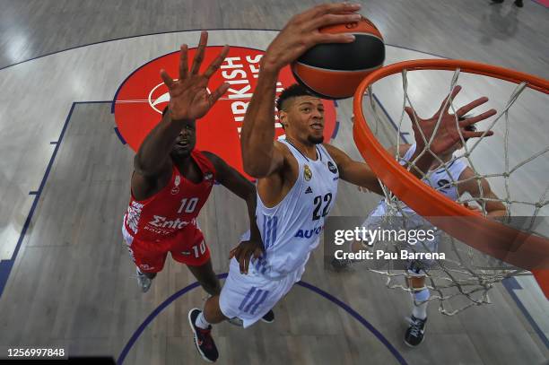 Walter Tavares, #22 of Real Madrid and Moustapha Fall, #10 of Olympiacos Piraeus during Turkish Airlines EuroLeague Final Four Kaunas 2023...