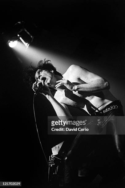 Lux Interior of The Cramps performing at Leeds, UK, 26th September 1981.