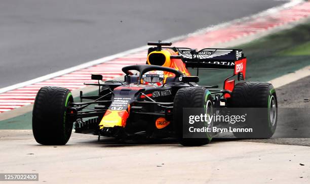 Max Verstappen of the Netherlands driving the Aston Martin Red Bull Racing RB16 crashes on the way to the grid before the Formula One Grand Prix of...