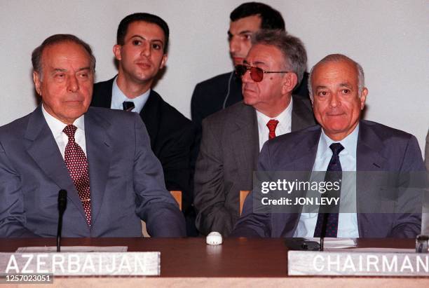 Geidar Aliyev , president of the Azerbaijani Republic, sits with the acting chairman of the Security Council, Dr. Nabil al-Arabi , Egyptian...