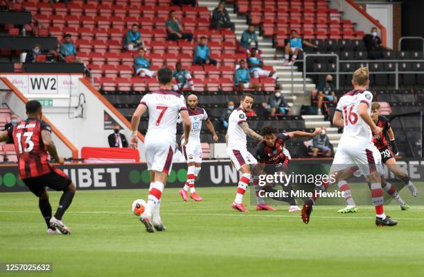 Lloyd Kelly of AFC Bournemouth shoots wide during the Premier League match between AFC Bournemouth and Southampton FC at Vitality Stadium on July 19,...