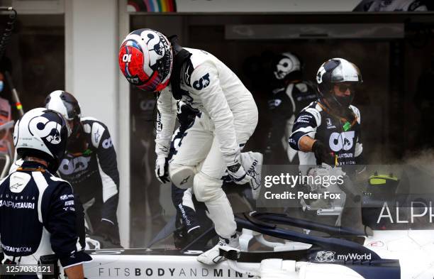 Pierre Gasly of France driving the Scuderia AlphaTauri AT01 Honda retires during the Formula One Grand Prix of Hungary at Hungaroring on July 19,...