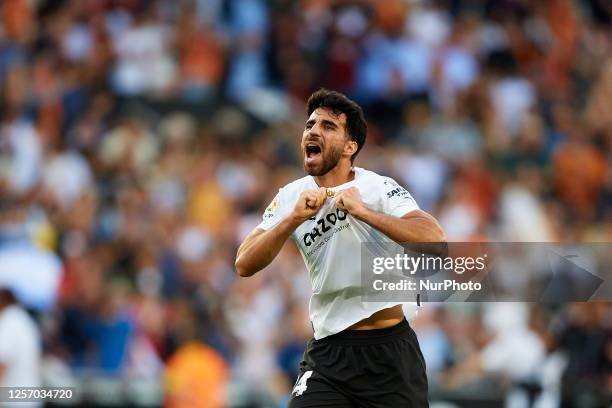 Eray Comert of Valencia CF celebrates the victory following the LaLiga Santander match between Valencia CF and Real Madrid CF at Mestalla stadium,...