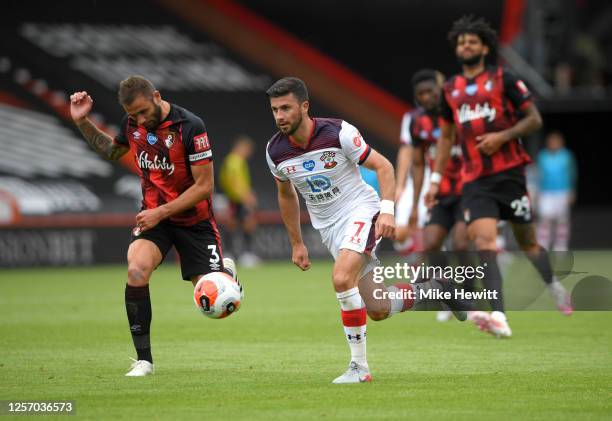 Steve Cook of AFC Bournemouth battles for possession with Shane Long of Southampton during the Premier League match between AFC Bournemouth and...