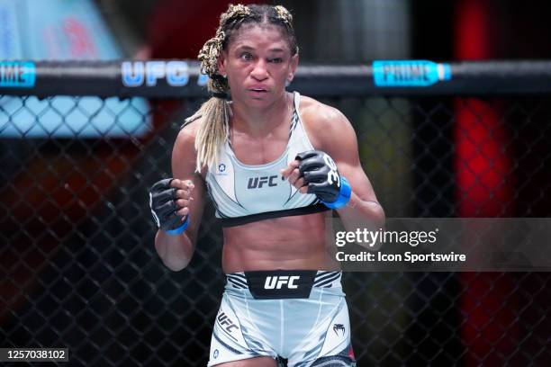 Angela Hill battles Mackenzie Dern in their Women's Strawweight bout during the UFC Vegas 73 event at UFC Apex on May 20 in Las Vegas, NV.